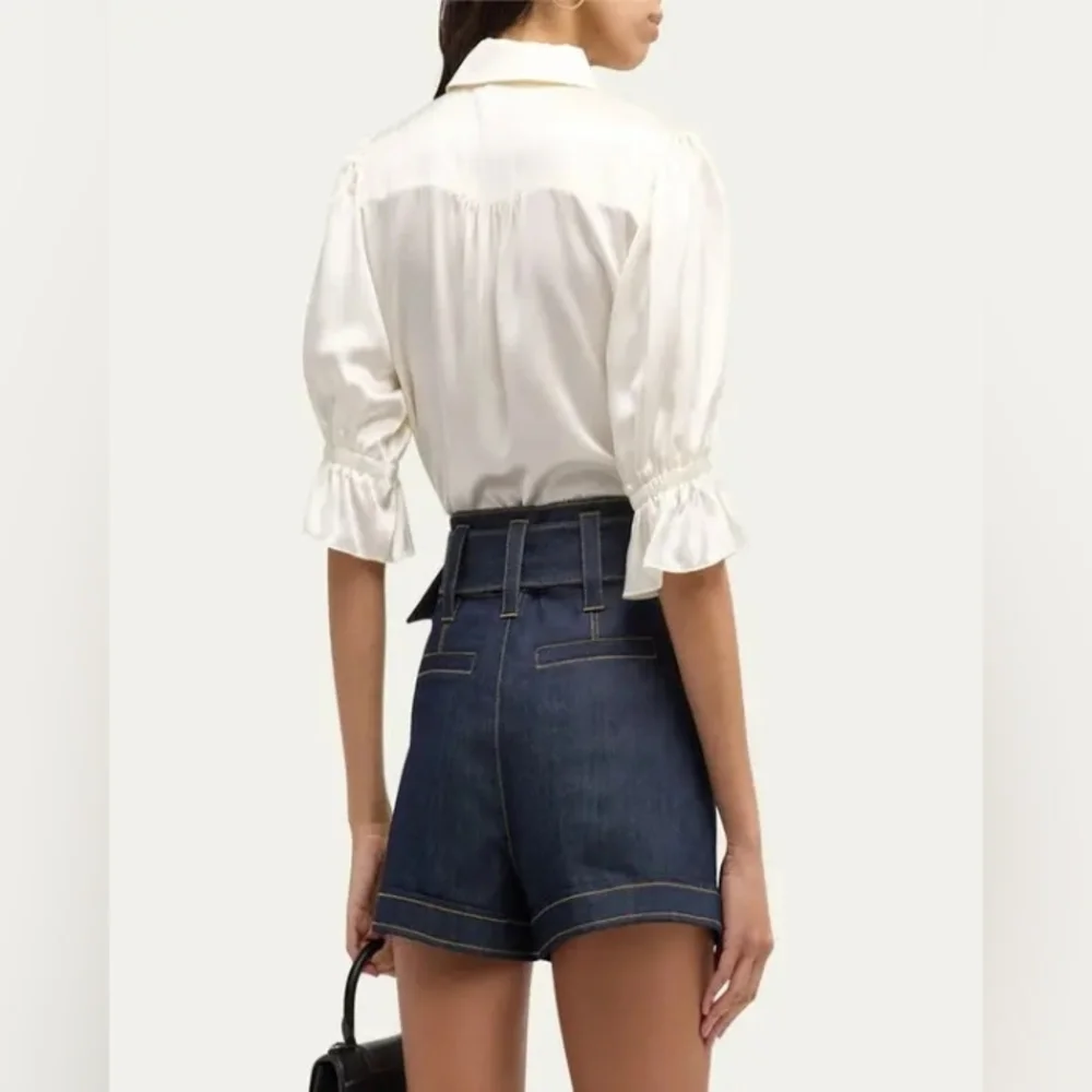 Cinq à Sept Silk Fiona Satin Cinched Sleeve Blouse Top Ivory